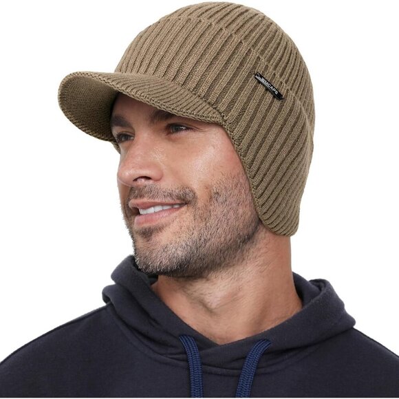 Men's Brown Winter BeanieBrim And Ear Flaps Outdoor Warm Fleece Lined Knit Hat